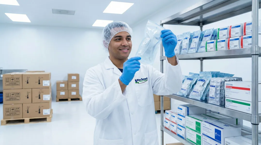 Medical supply chain distribution process showing packaged sterile products in temperature-controlled warehouse