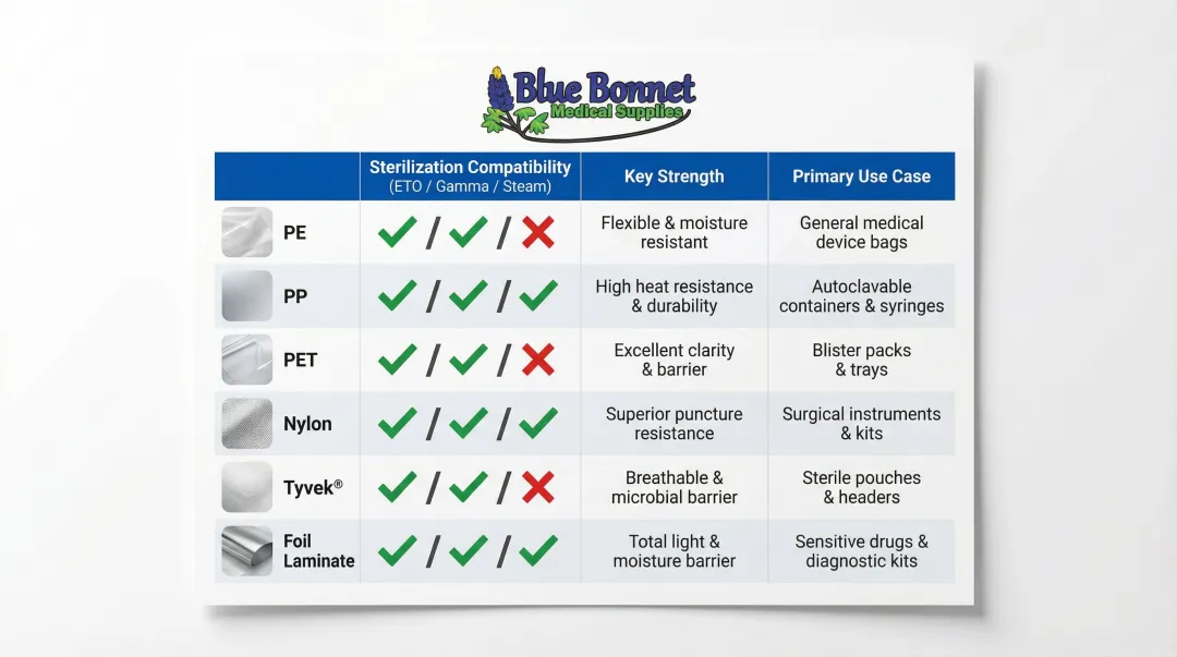 Medical flexible packaging material properties comparison chart PE PP PET Nylon Tyvek foil