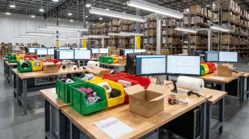 US regional fulfillment warehouse hub with organized inventory and returns processing area