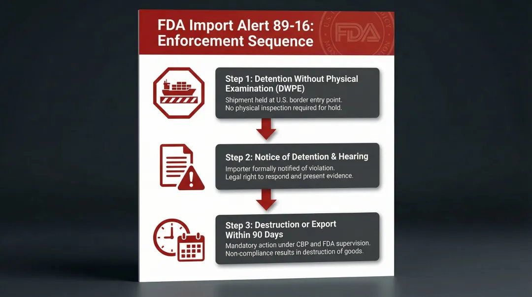Three-step FDA import alert enforcement sequence detention destruction consequences flowchart