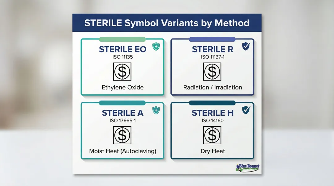 Four STERILE symbol variants EO R A H sterilization method comparison infographic