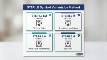 Four STERILE symbol variants EO R A H sterilization method comparison infographic