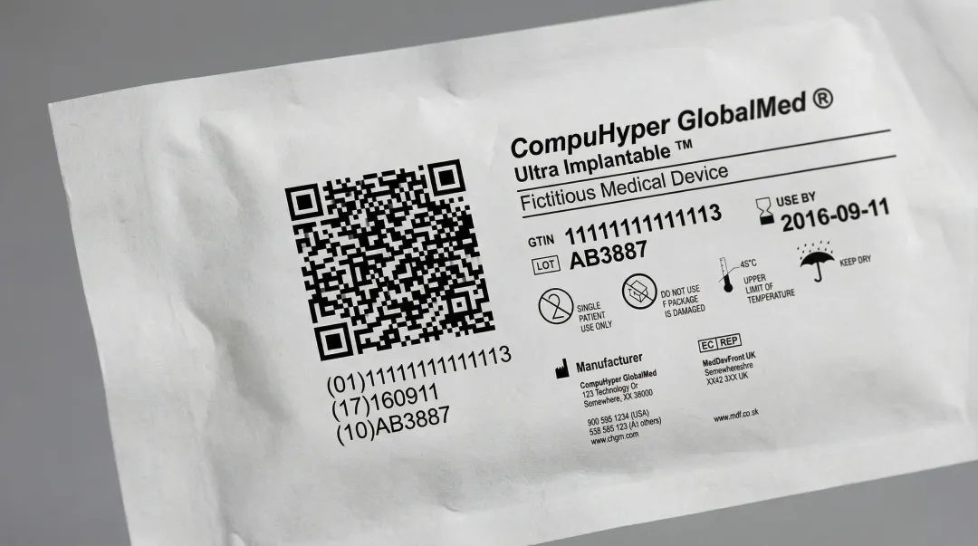 UDI barcode and data matrix label on medical device packaging showing device identifier