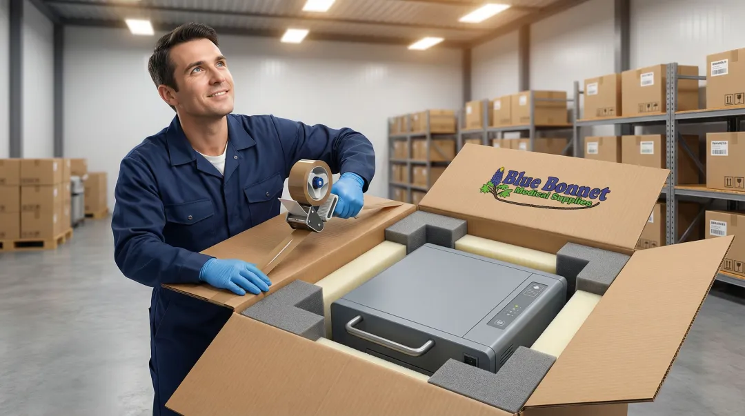 Heavy medical equipment packed in reinforced double-wall corrugated box with foam padding and dunnage