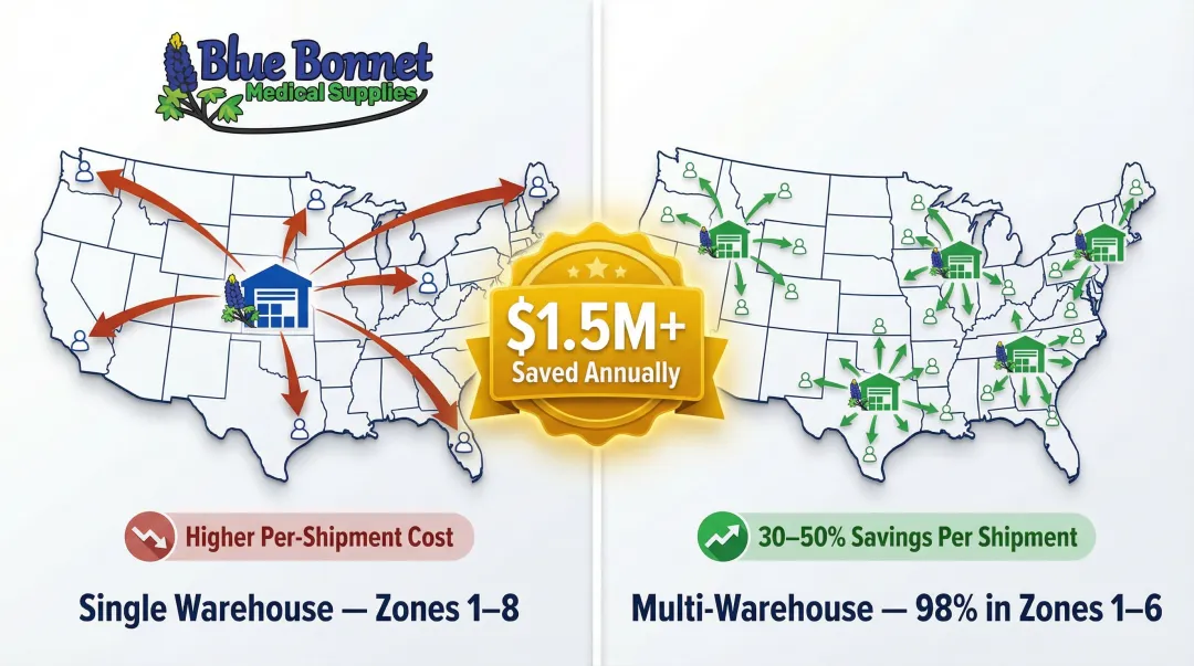 Zone skipping warehouse positioning strategy reducing shipping zones and freight costs infographic