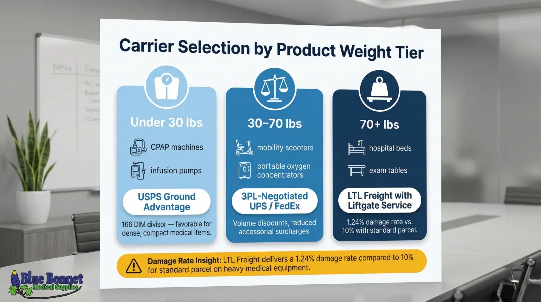 Three-tier medical equipment carrier selection framework by product weight and type