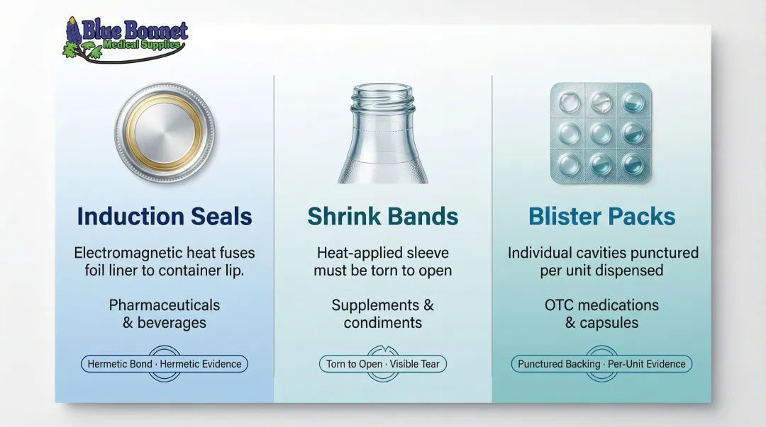 three primary tamper-evident packaging types induction seals shrink bands blister packs comparison