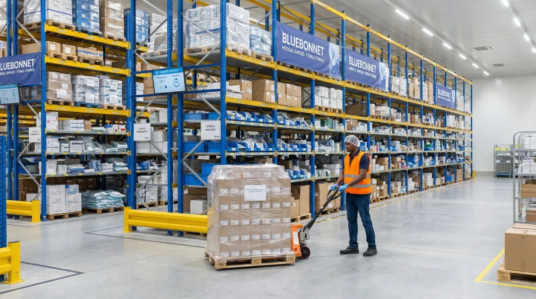 Bluebonnet Medical Supplies FDA-compliant warehouse facility storing sterile medical packaging products