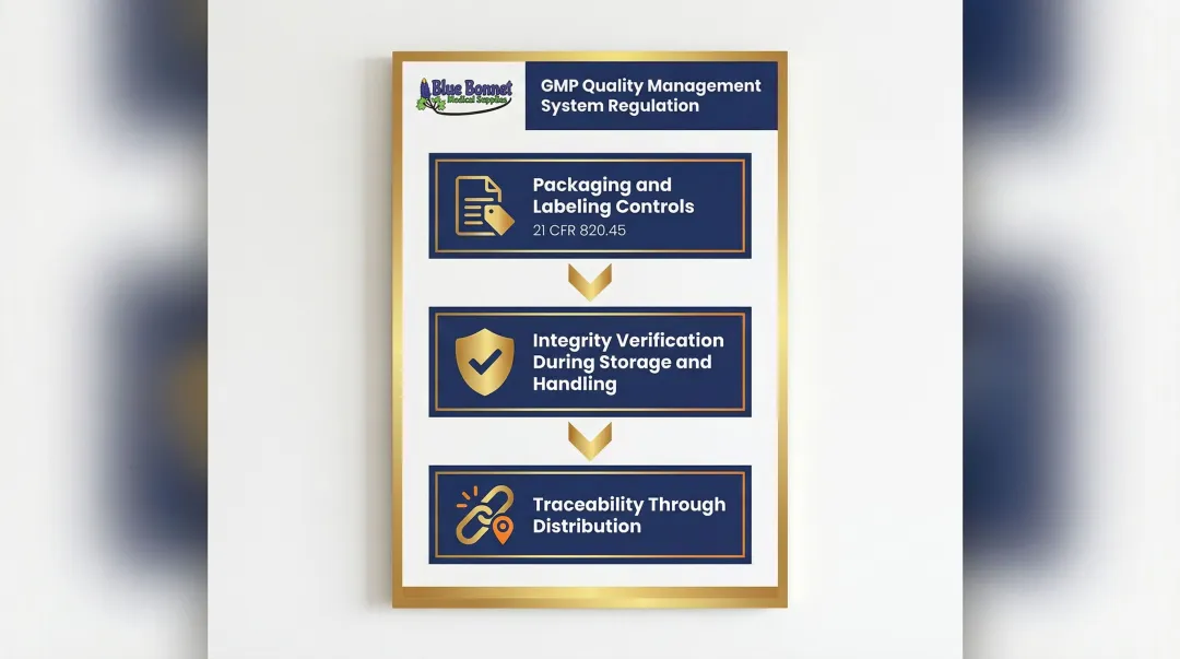 FDA GMP sterile packaging compliance process flow covering production storage and distribution traceability