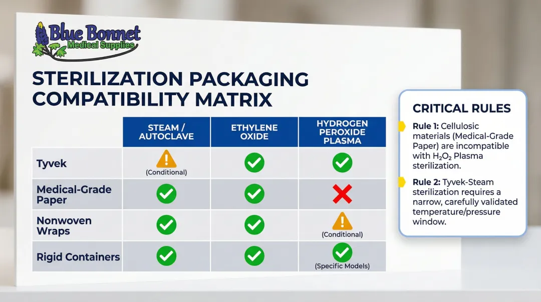 Sterile packaging material compatibility matrix by sterilization method steam EO hydrogen peroxide
