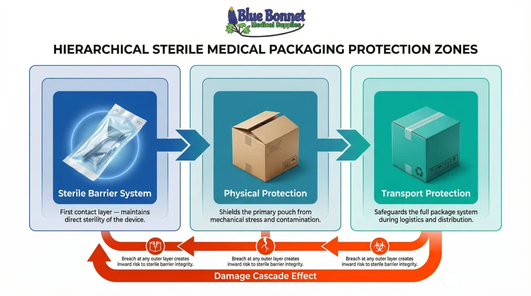 Three-layer sterile packaging system primary secondary tertiary protection chain diagram