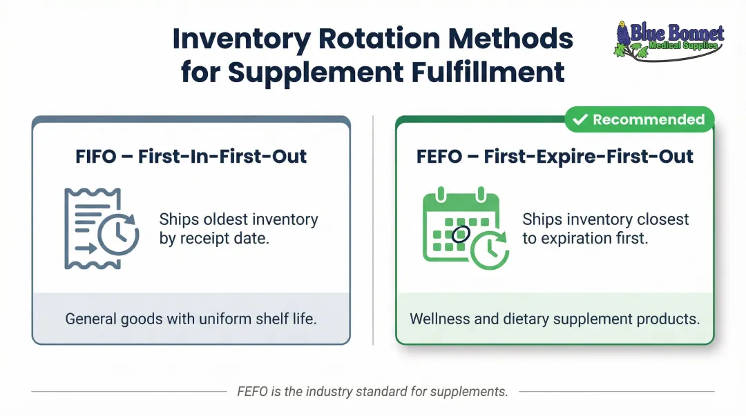 FIFO versus FEFO inventory rotation method comparison for wellness supplement products