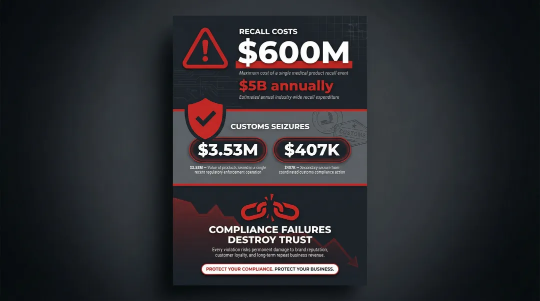 Medical product non-compliance financial risks including recall costs and customs seizure figures