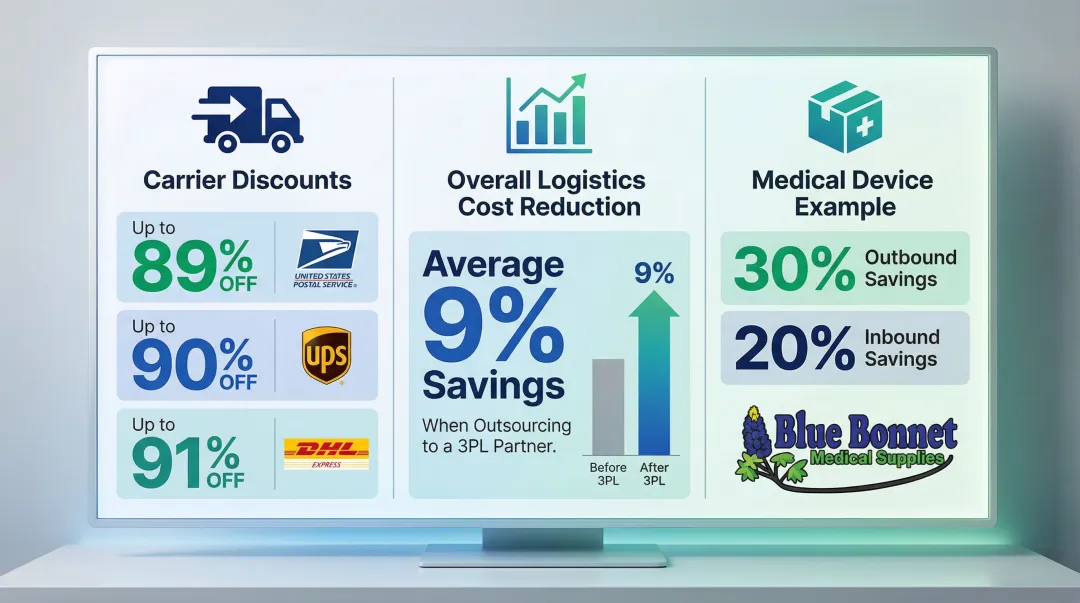 3PL fulfillment cost savings breakdown showing shipping discounts and logistics reduction statistics