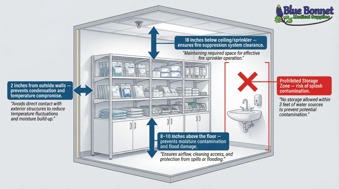 Sterile storage distance requirements diagram showing floor ceiling and wall clearances