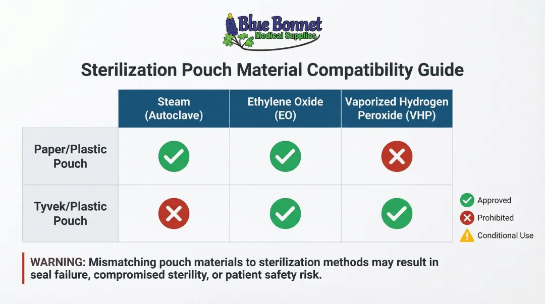 Sterilization pouch material compatibility chart comparing steam EO and VHP methods