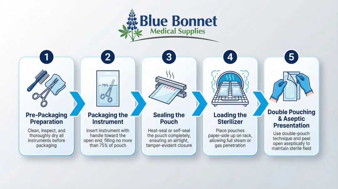 5-step sterilization pouch packaging process from preparation to aseptic presentation
