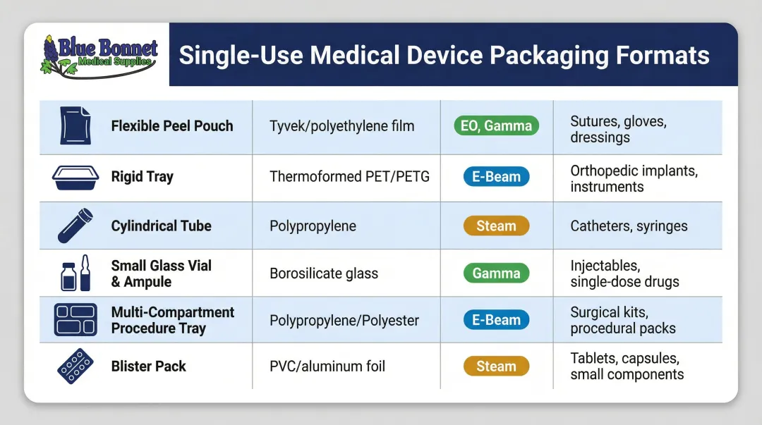 Six medical device packaging formats comparison chart with materials and sterilization methods