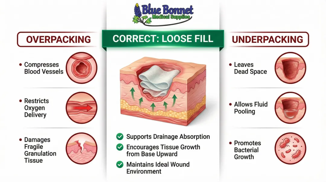 Wound packing tightness comparison overpacking versus underpacking effects infographic