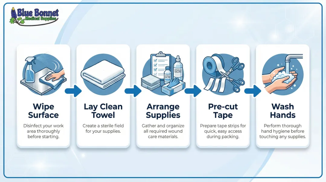 5-step wound packing workspace preparation process flow infographic