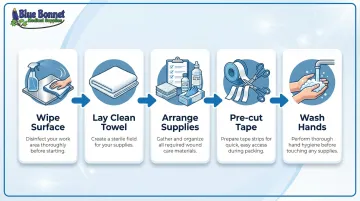 5-step wound packing workspace preparation process flow infographic