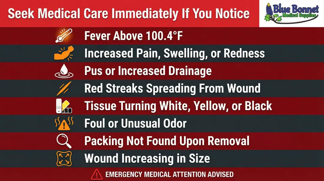 Wound infection warning signs requiring immediate medical attention checklist infographic