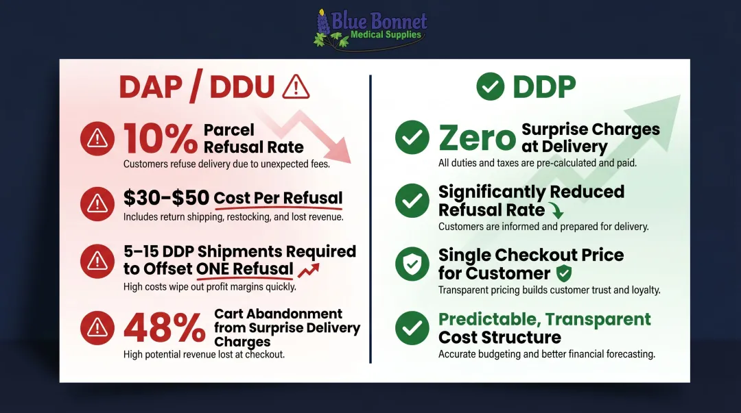 DDP versus DAP shipping cost impact comparison showing parcel refusal and revenue loss