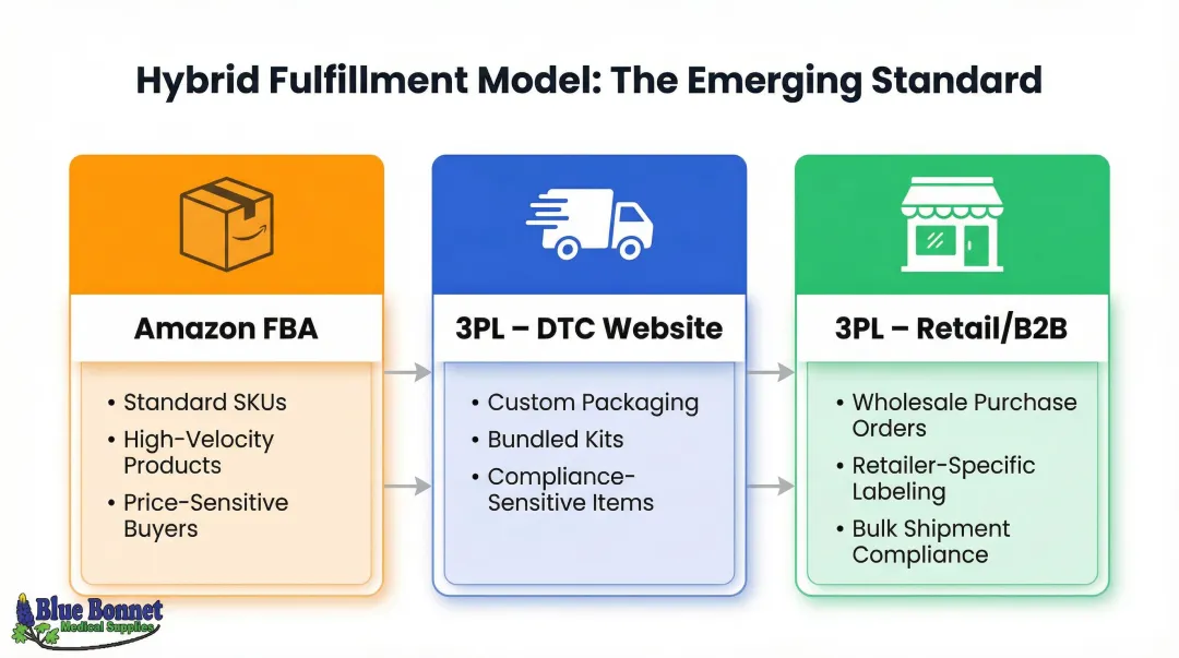 Hybrid wearable fulfillment model three-channel distribution breakdown infographic