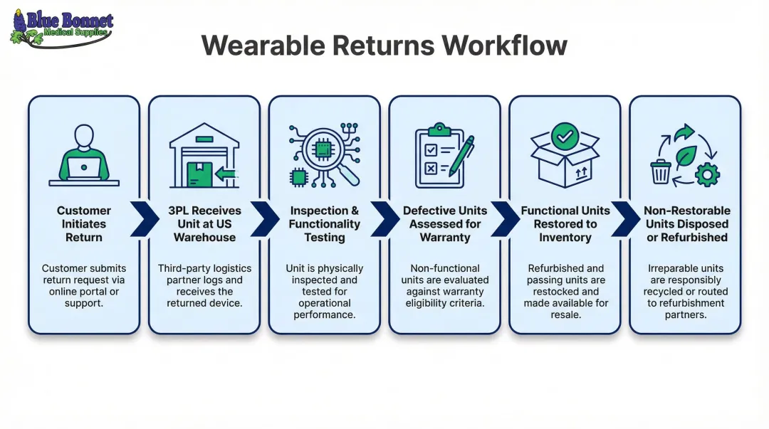 Six-step wearable product returns workflow process flow infographic