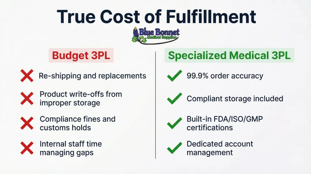 Hidden total cost of ownership comparison budget 3PL versus specialized medical fulfillment