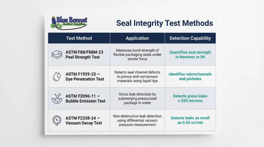 Four seal integrity test methods comparison chart with applications and detection capabilities