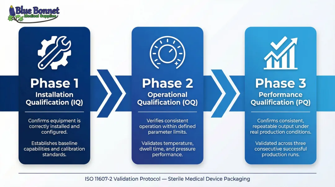 ISO 11607-2 three-phase IQ OQ PQ validation process flow infographic