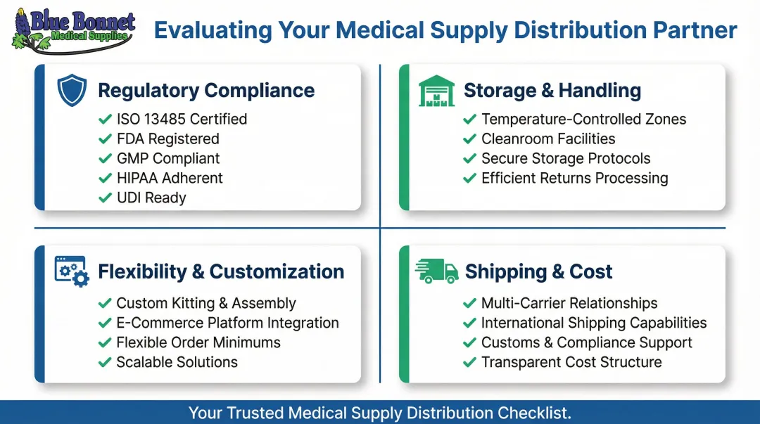 Medical supply distributor evaluation checklist covering compliance storage and shipping criteria