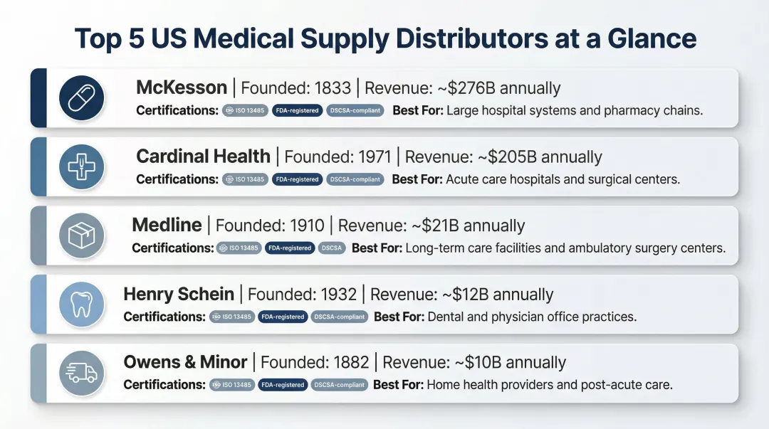 Top 5 US medical supply distributors comparison by revenue certifications and specialty