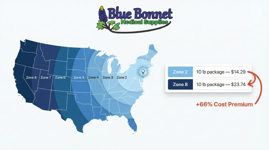 US shipping zone map showing cost increase from Zone 2 to Zone 8