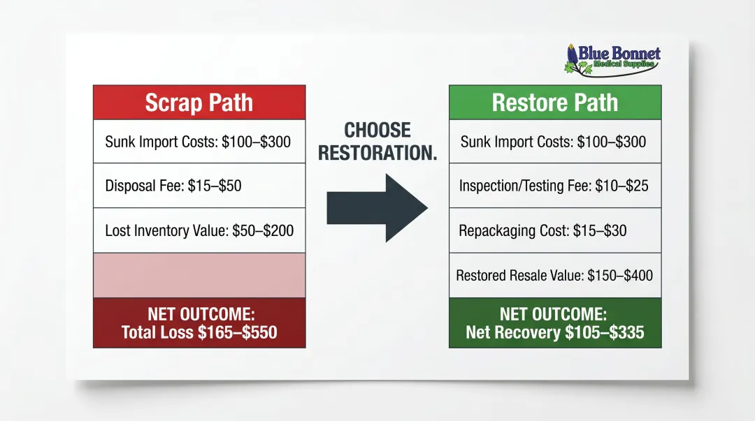 Scrap versus restore path cost comparison showing net financial outcome per unit