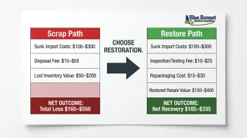 Scrap versus restore path cost comparison showing net financial outcome per unit