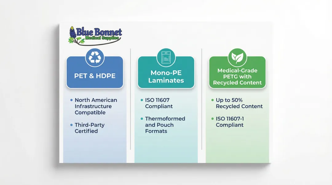 Three recyclable medical packaging material options compared by compliance and features
