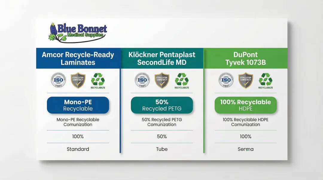 Sustainable sterile medical packaging products comparison table with compliance and sustainability features