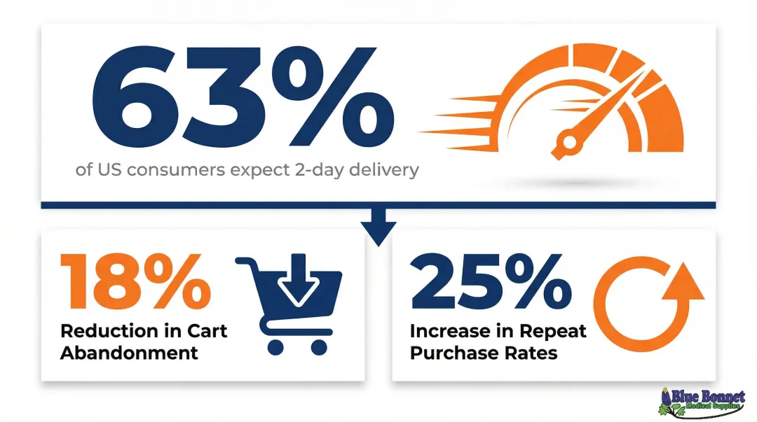 US consumer delivery expectations statistics showing two-day shipping impact on cart abandonment