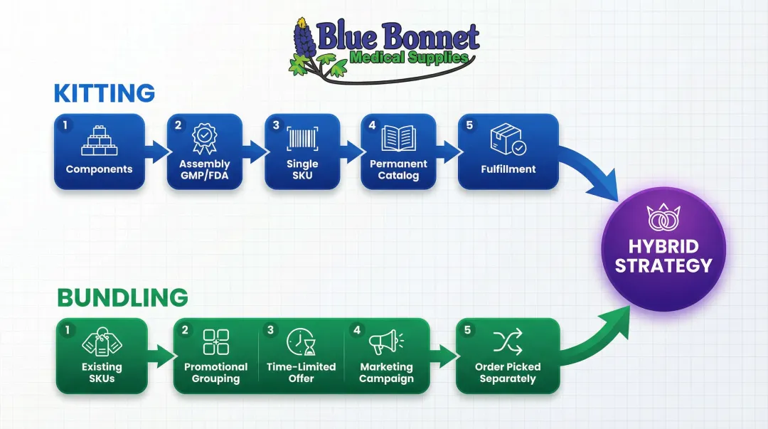 Hybrid kitting and bundling strategy workflow diagram for medical supply businesses