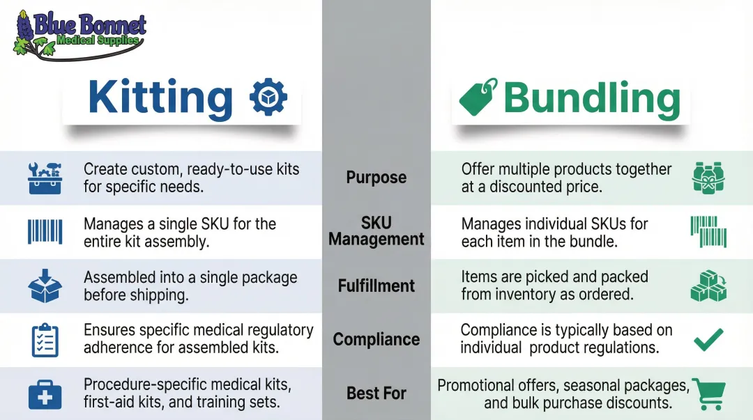 Kitting versus bundling side-by-side comparison chart for medical supply businesses