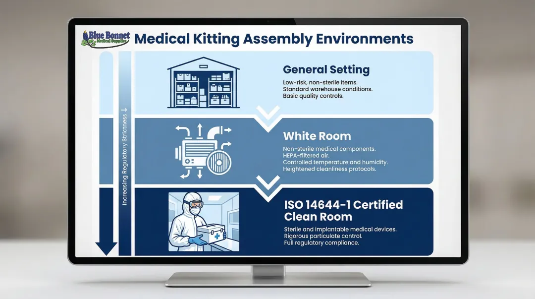 Three-tier medical kitting assembly environment compliance requirements from general to cleanroom
