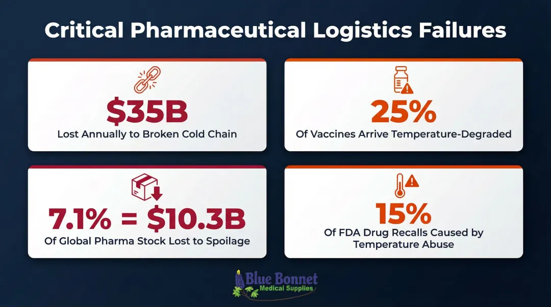 Four pharmaceutical cold chain failure statistics showing billions in annual losses