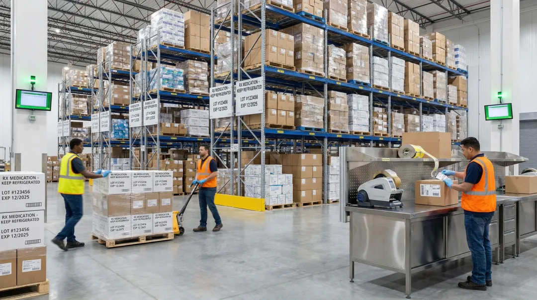 FDA-compliant 3PL warehouse showing organized medical product storage and fulfillment operations