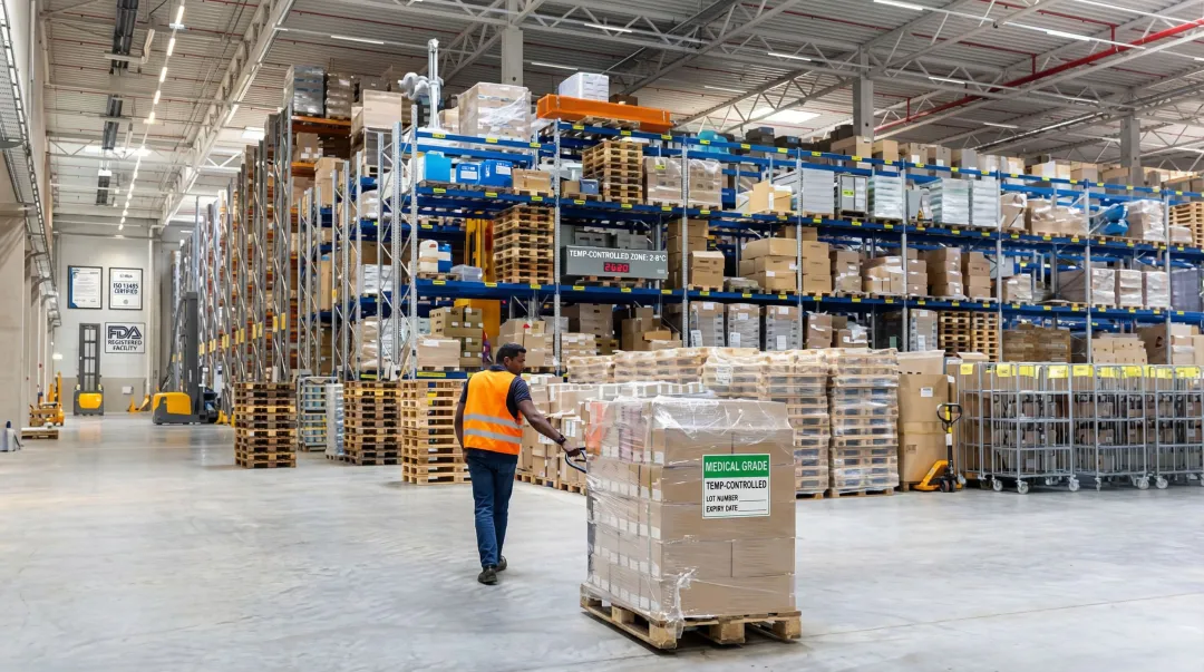Medical fulfillment warehouse showing FDA-compliant storage and GMP handling procedures