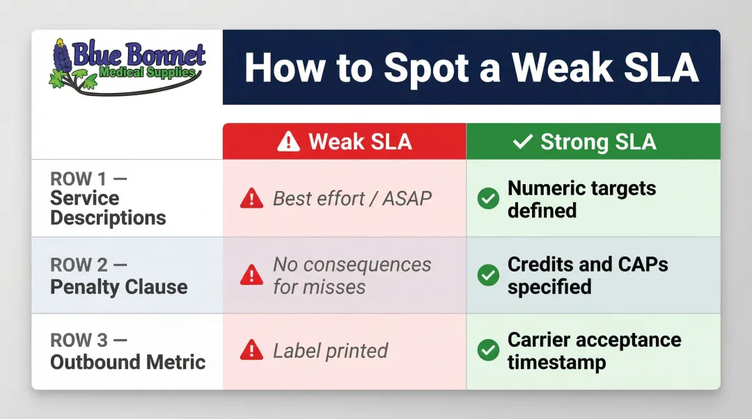 Three weak fulfillment SLA red flags comparison versus strong SLA standards infographic