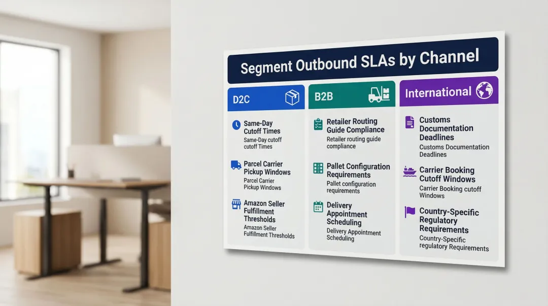 Three fulfillment channel SLA requirements comparison D2C B2B and international shipments