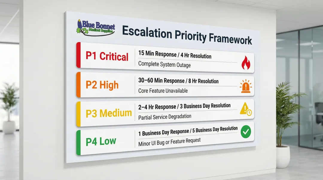 P1 through P4 SLA escalation severity framework with response and resolution targets