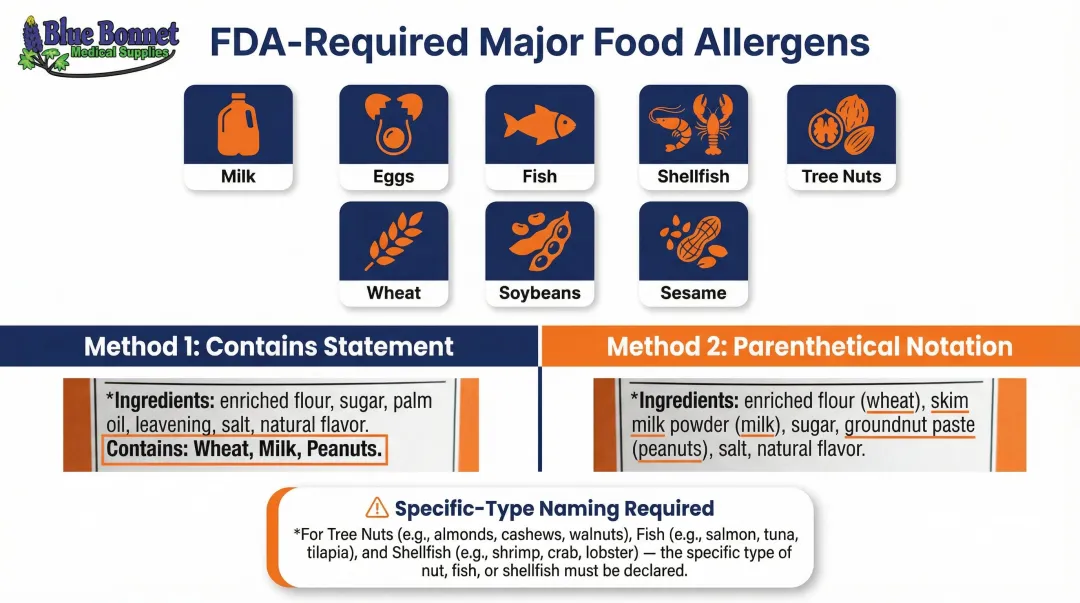 Nine FDA major food allergens declaration methods comparison infographic